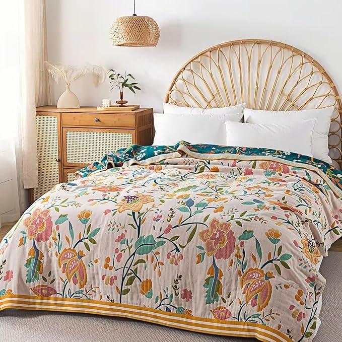 Boho Throw Blanket for Bed 100% Cotton Bohemian Blankets Ultra Soft Woven Muslin Decorative Blankets All Seasons Vintage Quilt Knitted Blanket for Sofa Chair(Yellow, 60"x80")