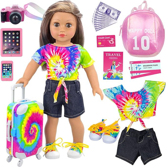 Ecore Fun 23 Pcs 18 inch Girl Doll Accessories Suitcase Travel Luggage Play Set,18" Doll Travel Carrier Storage, Including Suitcase, Clothes, Shoes, Backpack, Camera, Computer, Cell Phone（No Doll）