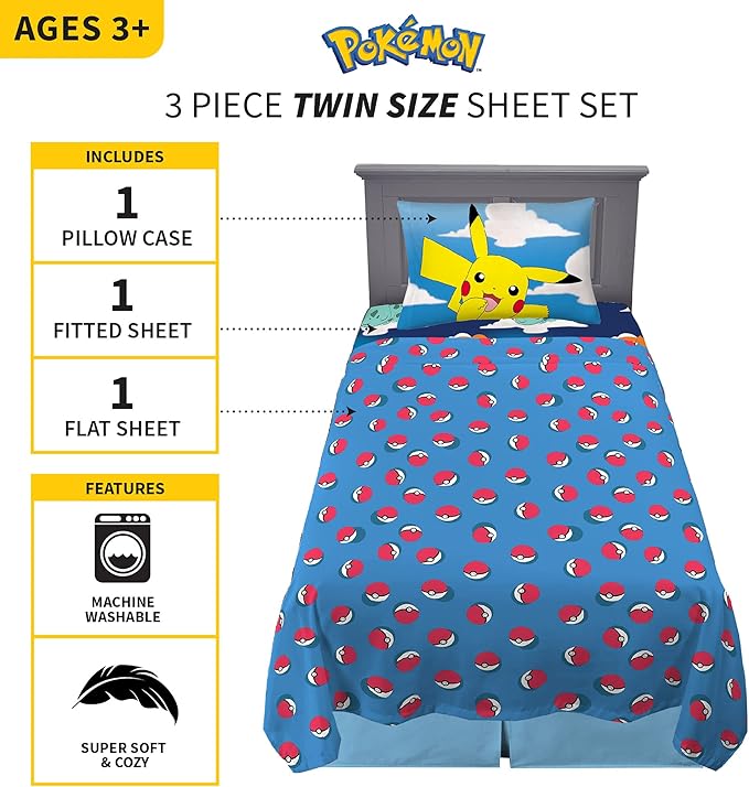 Pokemon Anime Kids Bedding Super Soft Microfiber Sheet Set, Twin, (Officially Licensed Product) by Franco