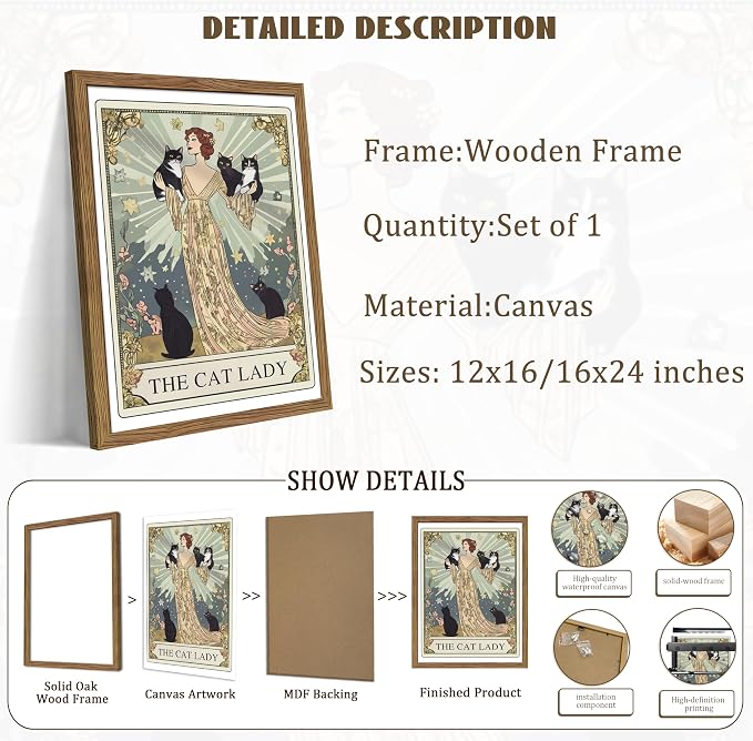 Framed Black Cat Wall Art, Vintage The Cat Lady Tarot Canvas Wall Decor Paintings, Funny Cute Woman Animal Poster Prints Picture Artwork for Bedroom Living Room 16x24 Inch