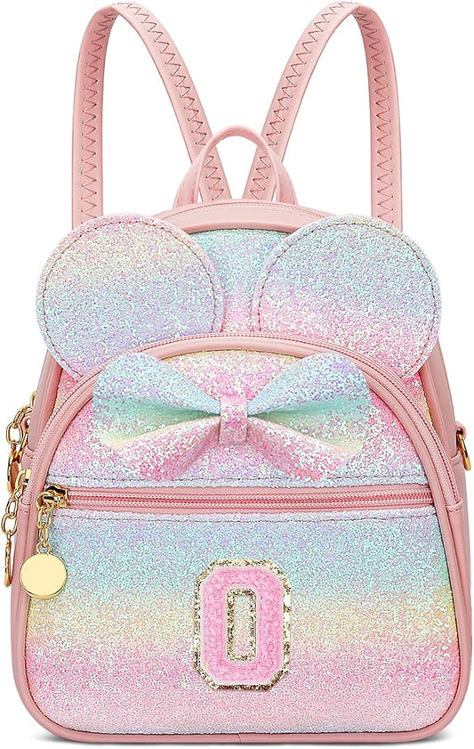 KKXIU Initial Bowknot Mini Backpacks for Girls Women, Small Cute Backpack Purse, Personalized Valentines Day Gifts for Toddler, Kids and Teen Girls(O, Rainbow)