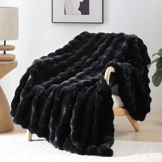 Faux Rabbit Fur Throw for Couch - Black Bubble Blanket 60"x80" | Fluffy Plush Fuzzy Throw for Sofa & Bed, Super Soft Cozy Comfrt Blanket, Luxury Aesthetic Black Decor Gift for Women