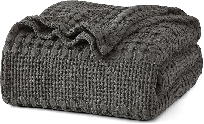 PHF 100% Cotton Waffle Blanket Twin Size, Lightweight Breathable Summer Blanket for Hot Sleepers, Pre-Washed Soft Layer for Bed, Dorm, Couch & Guest Room, Home Decor Gift, 66"x90", Charcoal Grey
