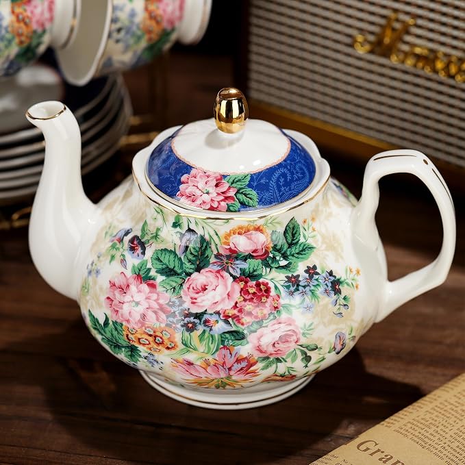 fanquare 21-Piece Blue Lace Porcelain Tea Set, China Coffee Cup and Saucer Set for 6, Pink Flower Tea Sets for Adults Women