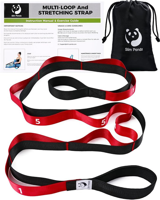 Slim Panda Stretching Strap with Loops - Non-Elastic Heavy Duty Nylon Yoga & PT - Oversized Multi-Loop Home Rehab - Hamstring Shoulder Pilates Flexibility