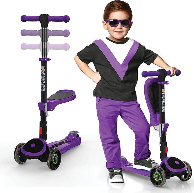 SKIDEE Kick Scooter for Kids Foldable 3 Wheel Scooter with Lean-to-Steer, Adjustable Height, Removable Seat & LED Light Wheels | Toddler Scooter Up to 12 Year Old Boys/Girls