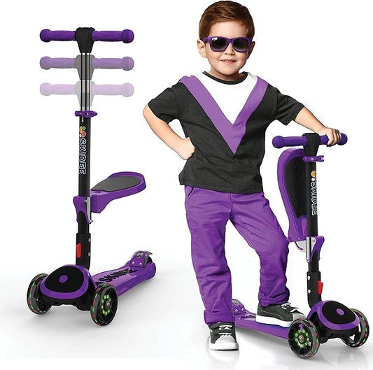 SKIDEE Kick Scooter for Kids Foldable 3 Wheel Scooter with Lean-to-Steer, Adjustable Height, Removable Seat & LED Light Wheels | Toddler Scooter Up to 12 Year Old Boys/Girls
