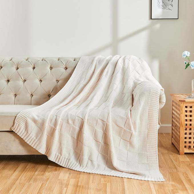 CozeCube Cream White Knitted Checkered Throw Blanket 50"X60" | Check Knit Throw for Couch, Decorative Christmas Soft Cozy Warm Blanket for Bed Sofa Living Room