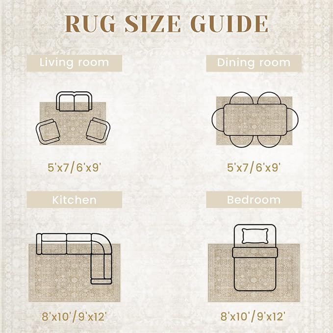 8x10 Area Rugs for Living Room: Washable Large Vintage Floral Rug Low Pile Non-Slip Boho Carpet for Bedroom Home Office Dining Room (Brown, 8'x10')