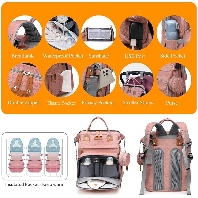 Astro alan Baby Diaper Bags with Changing Station, Waterproof Diaper Bag Backpack for Moms Dads with USB Charging Port, Baby Shower Gifts, Large Capacity diaper backpack, Pink