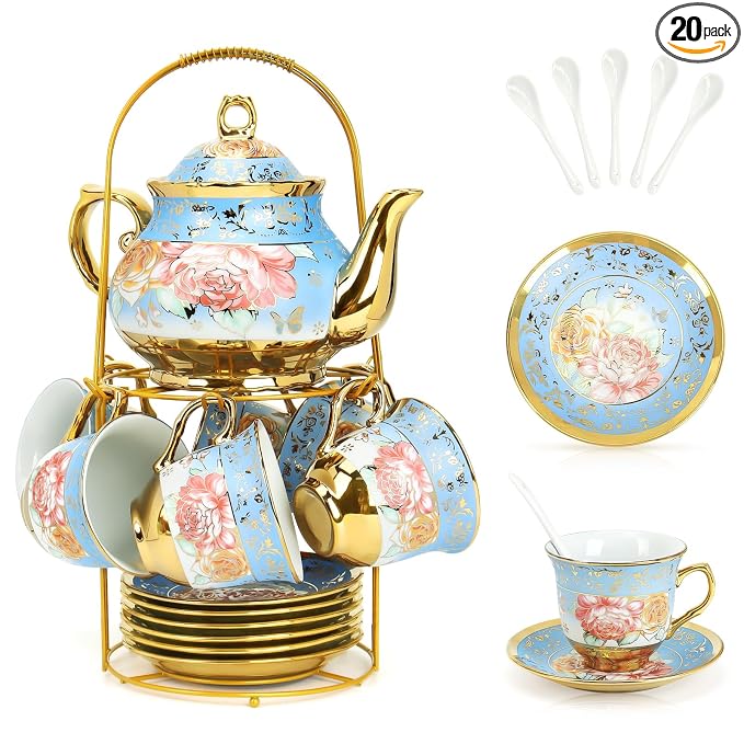 ALIMOTA 20 Pcs Porcelain Tea Set with Metal Holder and Spoon, European Ceramic Tea Set for Adults, European Flower Painting Teapot Cup Saucer Spoon Set for 6, Gift Pack (Blue)
