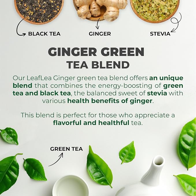 LeafLea Ginger Green Tea Bags, Digestion & Immune Support, 80 Count, 2-Pack | Real Ginger Root In A Smooth Green Tea Blend, Lightly Stevia-Sweetened, Vegan, Non-GMO, Low Caffeine