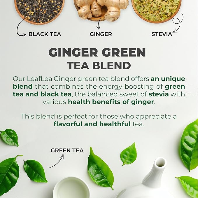LeafLea Green Tea With Ginger Bags, Digestion & Immune Support, 40 Count | Soothing Ginger Green Tea Blend, Stevia-Sweetened, Low Caffeine, Sugar-Free, Foil-Wrapped Bags