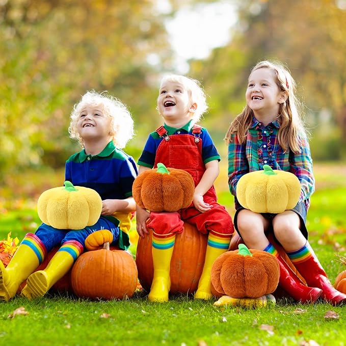 4 Pcs Pumpkin Pillows Fall Halloween Pumpkin Stuffed Animals Rabbit Hair Plush Toys Fluffy Thanksgiving Decor Throw Pillows Gifts for Kids for Home Bedroom Sofa Couch(Yellow,Brown)