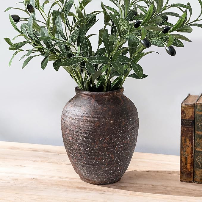 Ceramic Flower Vase 7.4 inch Farmhouse Rustic Vase for Home Decor Handcrafted Pottery Vase Small Terracotta Vases for Dining Table Decor Fireplace Living Room Bathroom Wedding Centerpiece