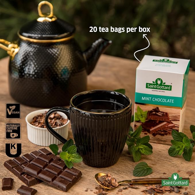[Mint Chocolate] Saint Gottard Herbal Tea – Caffeine-Free Herbal Infusion, Natural Ingredients, Hot or Iced Tea, Organic Premium Flavor Blend, Aromatic & Smooth Taste, 40 tea bags