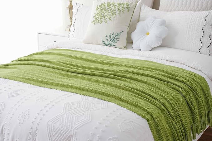 BATTILO HOME Apple Green Throw Blanket for Couch, 60"x80" | Soft Knit Chenille Throw Blanket with Tassels for Home Decor, Spring Green Throws for Couch Cover