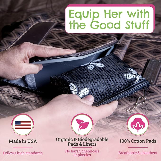First Period Kit to-Go! - Organic Eco-Friendly Tween Pads & Liner - Period Bags for Teen Girls for School - Period Pouch & Teen Pads for Girls Ages 11-14, Teen Pads for Periods - Pads for Teens Girls