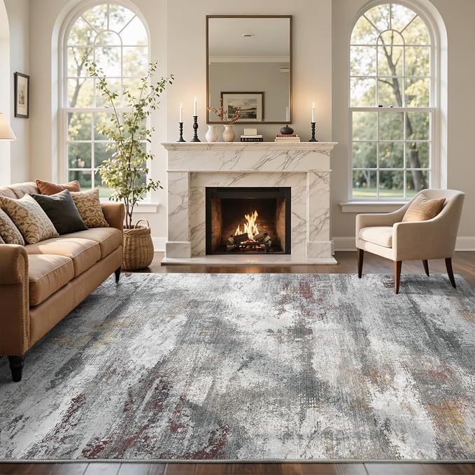 6x9 Ft Large Abstract Area Rugs for Living Room, Soft Non-Slip Modern Washable Rugs Print Pattern Carpet for Bedroom Indoor Floor Nursery Home Decor (Grey/Gold-Brown/Red-Brown)
