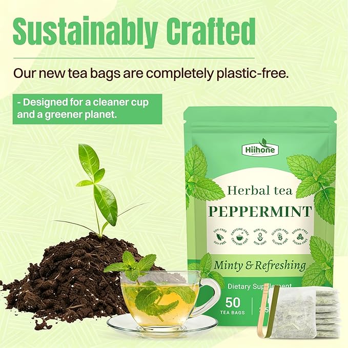 Hiihone Peppermint Tea Bags 50 Count – Pure Peppermint Mint Tea, Caffeine-Free Herbal Tea, Cooling & Refreshing, Non-GMO, Soothing, Supports Digestion & Fresh Breath, Hot or Iced