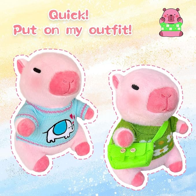 Capybara Plush with 9 pcs Clothes & Accessories, 10.2 in Cute Capybara Stuffed Animal Plush Toys, Dress Up Cute Plushies for Girls/Boys (Pink)