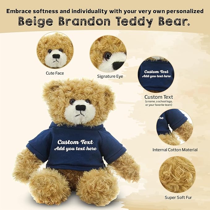 Customized Beige Brandon Bear - 12 inch Personalized Stuffed Bear Plush Toy - Perfect Custom Shirt Bear Gift for Graduation Valentines Graduation Easter Holidays (Navy Blue Shirt)
