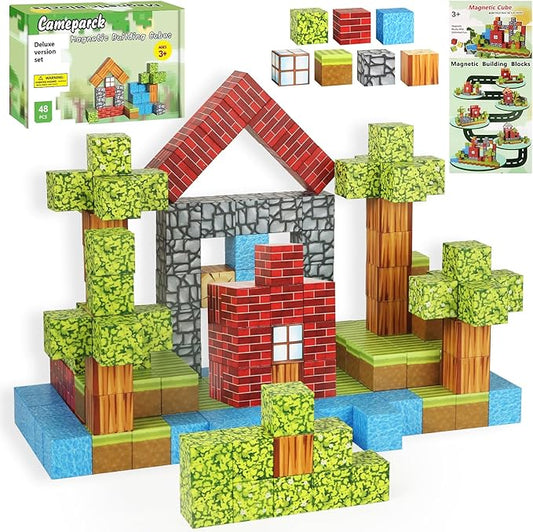 Cameparck Magnetic Blocks Building Toys, Magnetic Tiles STEM Montessori Sensory Toys for Kids Age 3+, Cubes Construction Toys Christmas Birthday Gifts for Boys & Girls - 48pcs(1 in)|Forest World