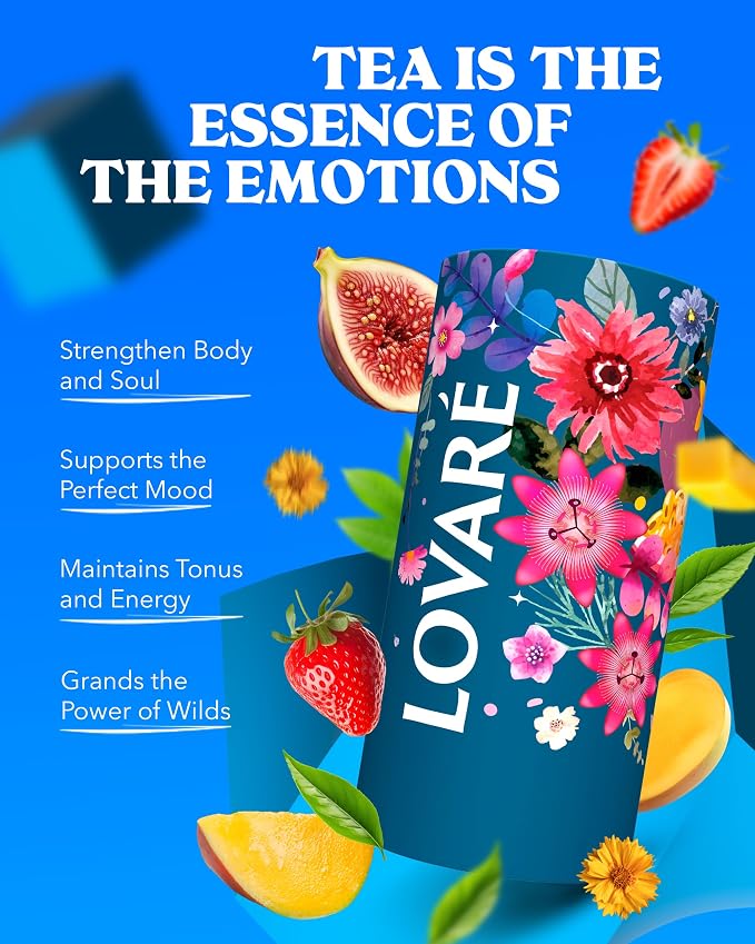 LOVARE Love Blossom Loose Leaf Tea 80 g - Black tea blend, Made in Ukraine - Dry Fig, Mango, and Strawberry Pieces, Safflower Petals, Passion Fruit & Mango Flavors - Tea Lovers Gift Box with 15 Paper Filters (Love Blossom)