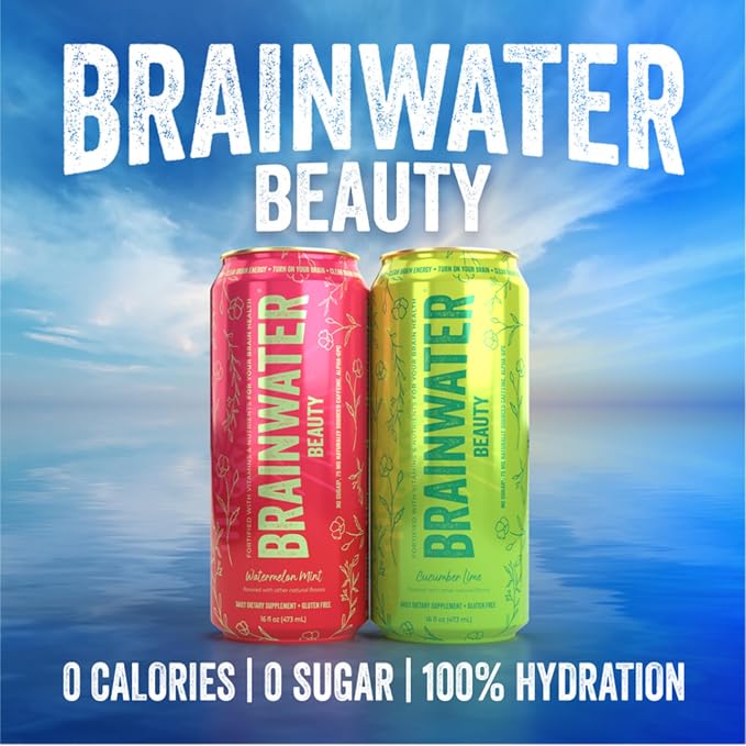 BrainJuice BrainWater Calm, Water for Clean Energy, Focus & Relaxation Support, Gluten Free, Zero Sugar Drinks with Ashwagandha, Alpha GPC, Vitamin C & B, Organic Green Tea, 8 Pack (Cucumber Lime)