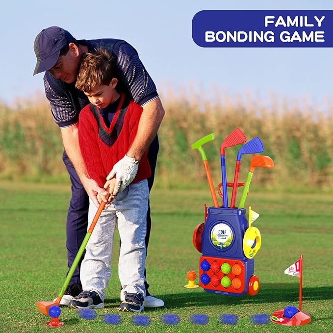 QDRAGON Kids Golf Clubs, Toddler Golf Set with 8 Balls, Putting Mat, 4 Golf Sticks, 2 Practice Holes and Golf Cart with Wheels, Indoor Outdoor Sport Toys for Boys Girls Ages 3 4 5+