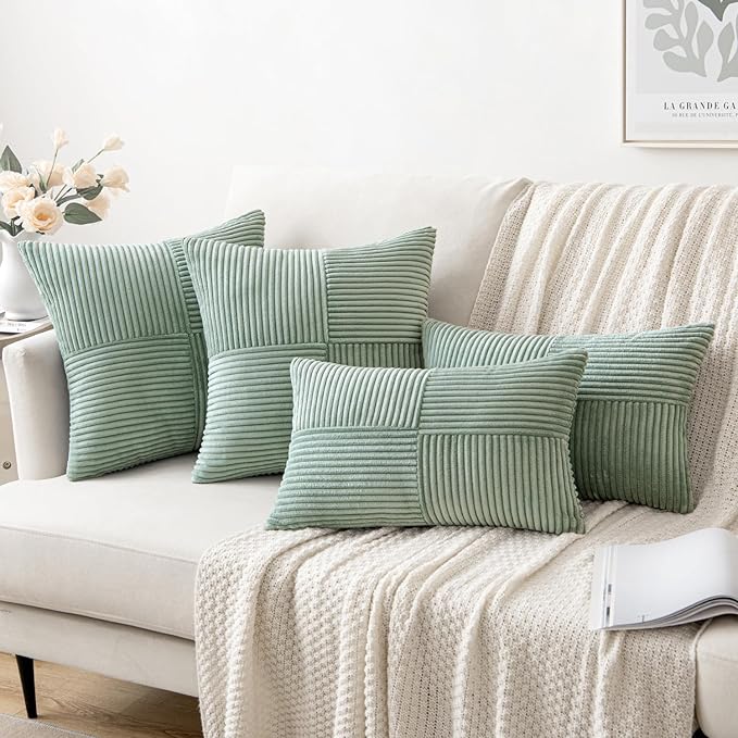 MIULEE Greyish Green Decorative Throw Pillow Covers for Couch 18x18 Inch | 2 Pack, Boho Farmhouse Pillow Covers, Soft Cross Corduroy Patchwork Textured Cushion Cases For Bed Sofa