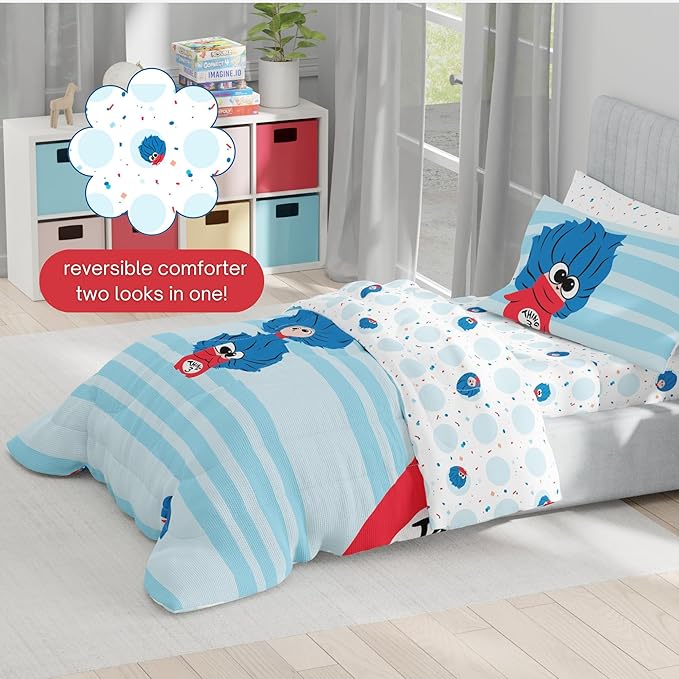 Dr Seuss The Cat in The Hat Movie Bedding Set, Twin Size 4 Piece Kids Super Soft Cozy Reversible Comforter and Sheet Set, Thing 1, Thing 2, Thing 3 (Officially Licensed Product) By Franco | Durable, Reversible, Officially Licensed