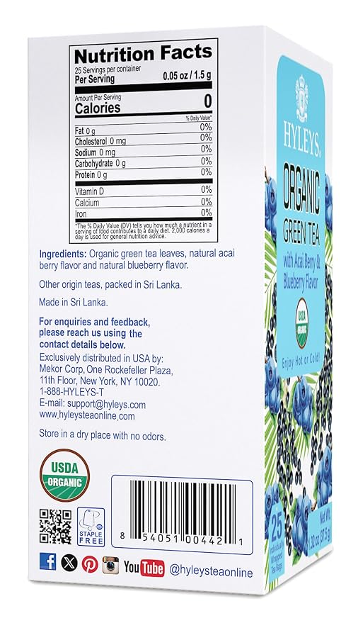 HYLEYS Organic Green Tea with Acai Berry and Blueberry Flavor, 25 Individually Wrapped Tea Bags - USDA Organic Graviola Guanabana Tea with Light Caffeine
