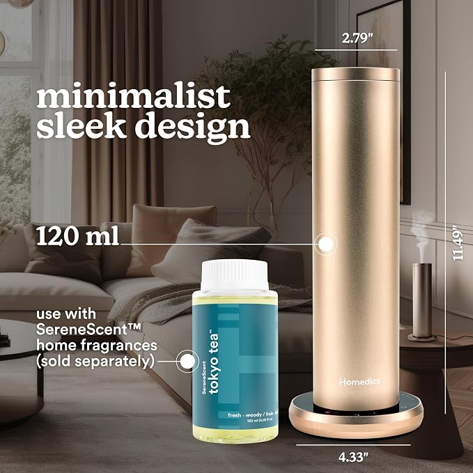 Homedics SereneScent Waterless Essential Oil Diffuser, Home Fragrance Scent Diffuser for Large Rooms, No Water Needed, Patented Air Diffusion Technology, Oil Sold Separately, Champagne