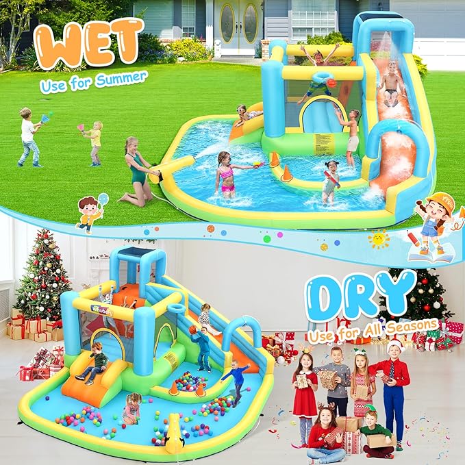 12.8x12FT Water Slide Bounce House for Kids, 12-in-1 Inflatable Water Park with Catch Ball Set/Toss Rings/Water Soaker Balls/Water Gun/Basketball/Splash Pool/Water Cannon/Climbing Wall/Basketball Hoop