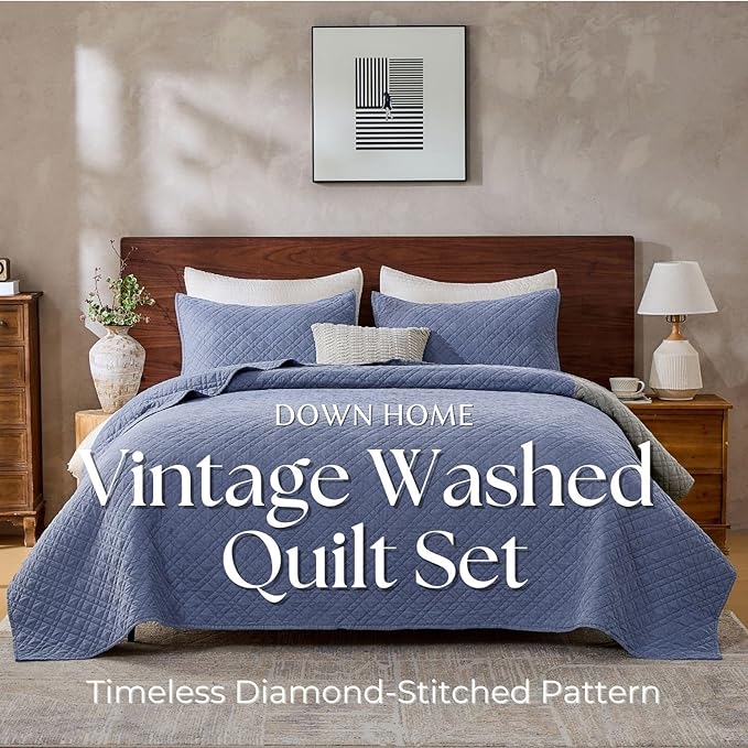 DOWN HOME King Quilt Set with Shams Lightweight Quilted Bedspread Coverlet Thin Comforter Bed Cover Vintage Washed Quilted Blanket for All Season, Brushed Microfiber Diamond Stitching, Blue, 104"x92"
