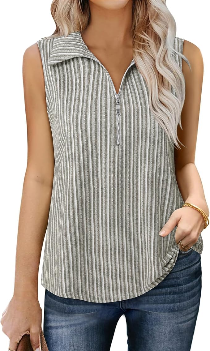Vivilli Womens Ribbed Tank Top Zipper V Neck Dressy Casual Blouses Sleeveless Camisole Tops Work Tank Polo Shirts