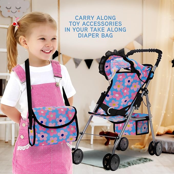 Baby Doll Stroller Bed and Seat Nursery Playset, Baby Doll Accessories Furniture Set High Chair Diaper Bag Role Play Deluxe Baby Doll Blue Set