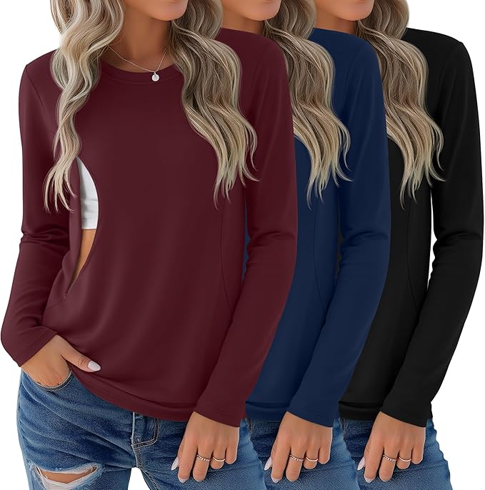 3 Pack Nursing Tops for Breastfeeding Maternity Shirts Zipper Long Sleeve Round Neck Knit Casual Nursing Clothes