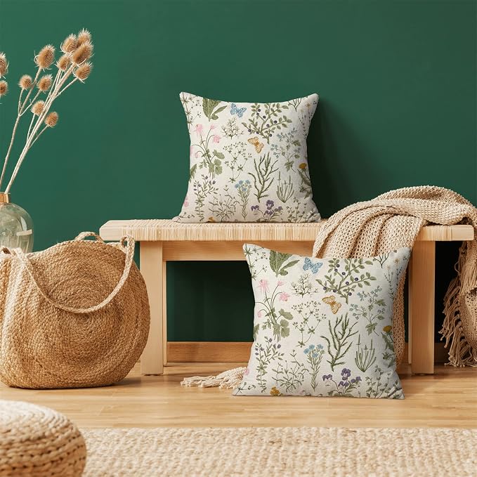 Spring Sage Green Wild Flower Pillow Covers 18x18 Set of 2 | Plant Throw Pillows Case Seasonal Floral Outdoor Decorative Linen Farmhouse Decor Cushion Covers for Home Sofa Bed Couch
