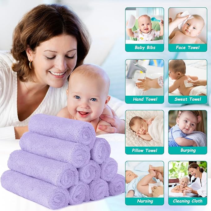 HOMEXCEL Baby Washcloths 12 Pack-Microfiber Coral Fleece Baby Bath Face Towel 7 x 9 Inch Extra Absorbent Soft Burp Cloth and Wash Cloths for Newborn-Infants and Toddlers,Purple