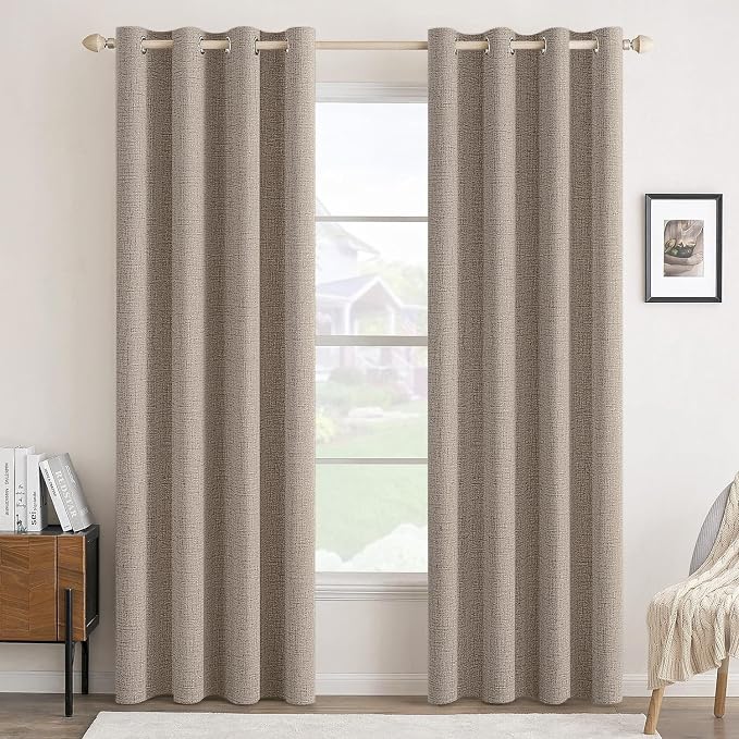 MIULEE 100% Blackout Linen Textured Curtains for Bedroom Solid Thermal Insulated Linen Grommet Room Darkening Curtains & Drapes Luxury Decor for Living Room 52 x 90 Inch (2 Panels)