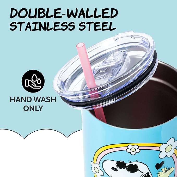 Silver Buffalo Peanuts Featuring Snoopy and Woodstock Feelin' Groovy Double Walled Stainless Steel Tumbler with Handle and Straw, Fits in Standard Cup Holder, 40 Ounces