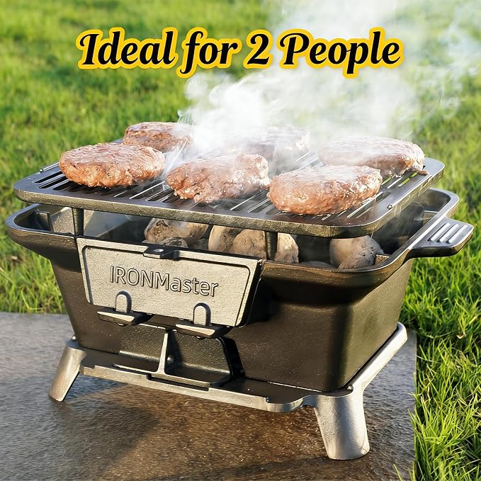IronMaster Hibachi Grill Outdoor, Small Portable Charcoal Grill, Pre-Seasoned Cast Iron, Japanese Yakitori Camping Grill - 2 Heights, Air Control, Coal Door, Ideal for 2 People