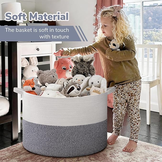 INDRESSME 115L Extra Large Woven Rope Blanket Basket Living Room, Navy | 23.6" x 15.7" Storage baskets for toys laundry & pillows. For living room, bedroom nursery decor. soft-touch, family-sized