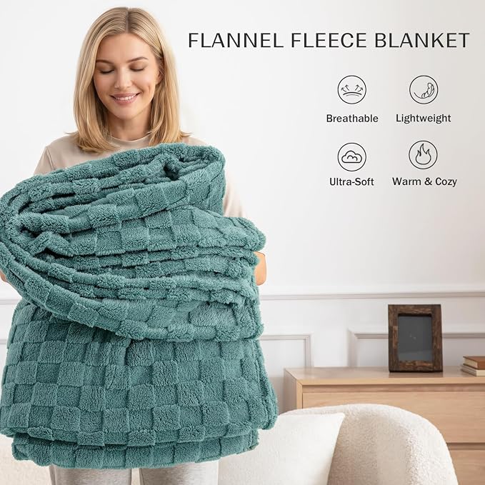 Exclusivo Mezcla 3D Checkered Fleece Throw Blanket for Couch, Celadon | Super Soft and Cozy Fluffy Throw, Lightweight and Breathable, Cute Fuzzy Blanket for Sofa, Home Decor, All Season, 50"x60"