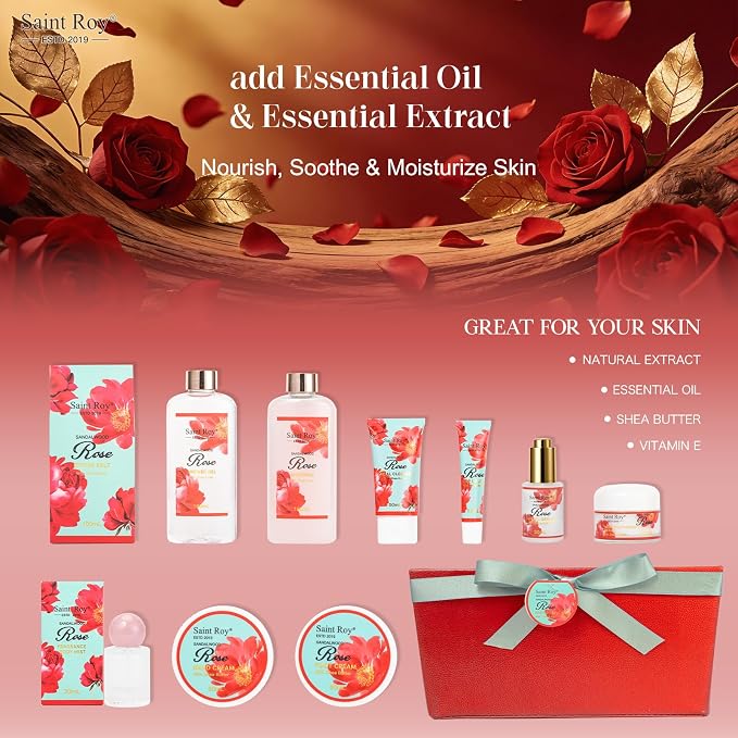 35Pcs Spa Kit Gift for Women, Sandalwood Red Rose Bath and Body Basket Gift | Face Skin Care Kit, Home Spa Self Care, Lip Gloss, Birthday, Christmas, Mother, Bridal Shower, Anniversary for Mom Pamper Kit