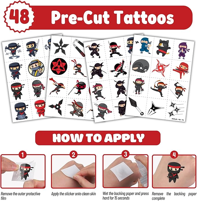 72PCS Ninja Party Favors for Kids - 48 Pre-cut Temporary Tattoos & 24 Slap Bracelets - Ninja Birthday Decorations, Classroom Prizes, Goodie Bag Gifts for Boys & Girls7