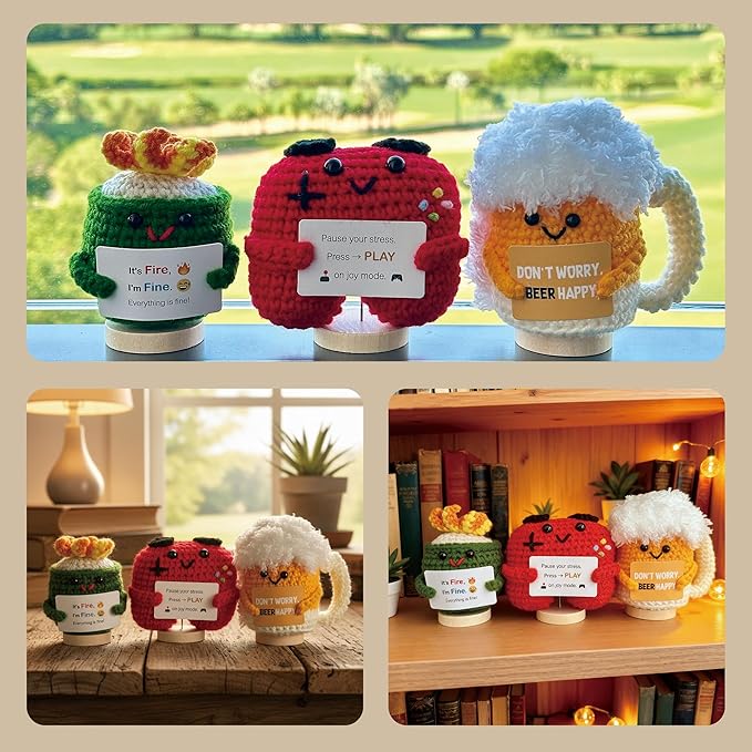 3-PCS | Fun & Games Crochet Set | Fire Cupping Beer Game Controller Positive Plush | Handmade Funny Stuffed Figures with Wooden Stand & Inspirational Cards | Mini Desk Decor Gift for Teens Adults