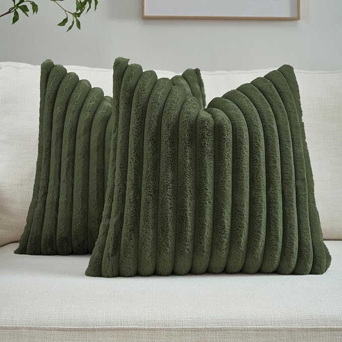 FUTEI Pack of 2 Faux Fur Throw Pillow Covers 20x20 Inch, Olive Green | Fluffy Faux Rabbit Fur Front/Premium Velvet Back,Hidden Zipper,Machine Washable,Non-Shedding,Colorfast,Insert Not Included.